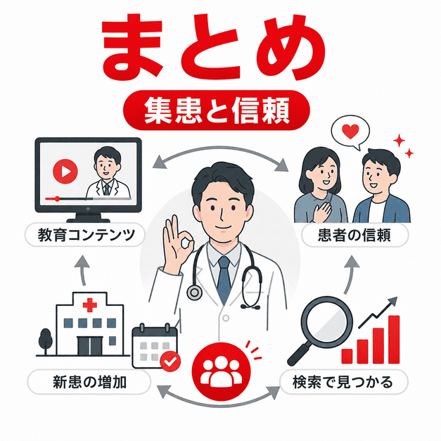 総合内科クリニックのYouTube運用が教育的価値、患者の信頼、新患増加につながる流れを示したまとめイラスト