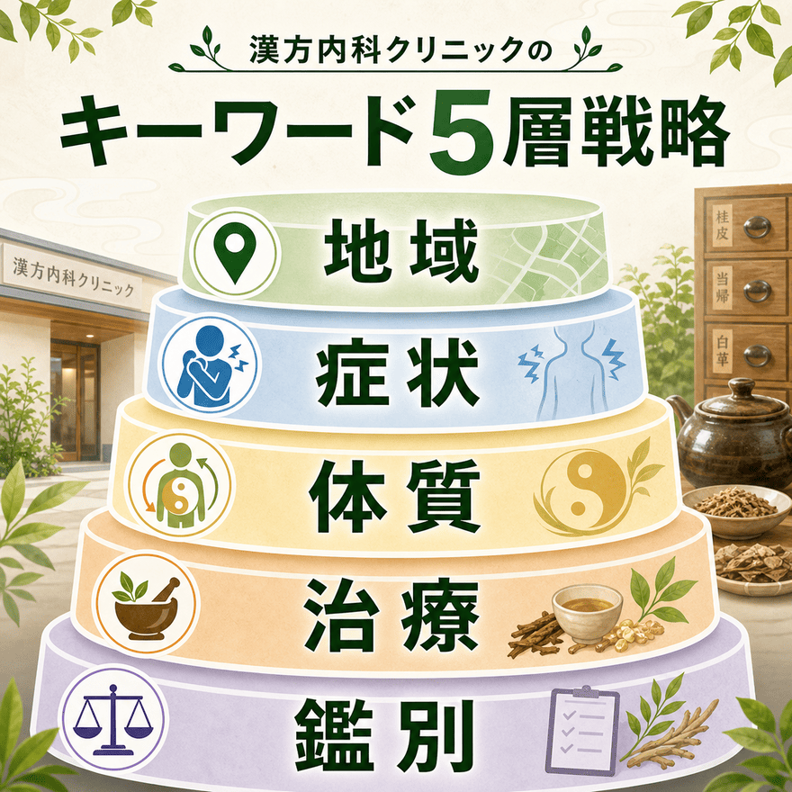 漢方内科クリニックのMEOキーワードを地域、症状、体質、治療、鑑別の5層で整理した図