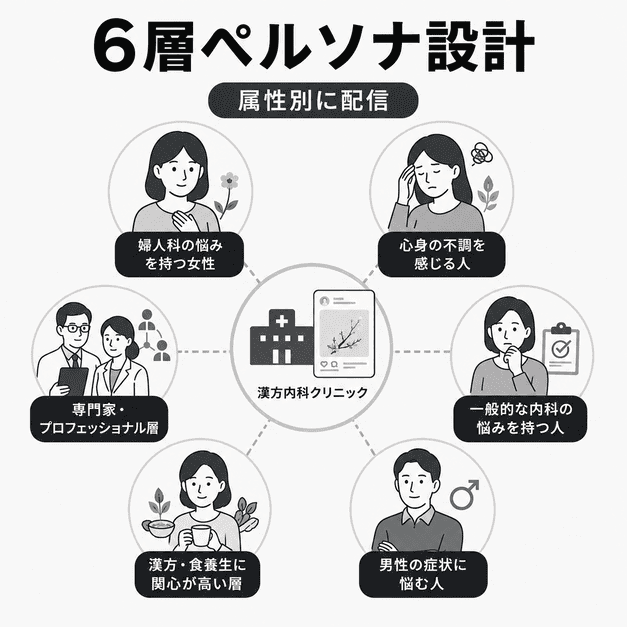 漢方内科のX運用で婦人科系・心身系・内科系など6層のペルソナを設計する様子を示したイラスト