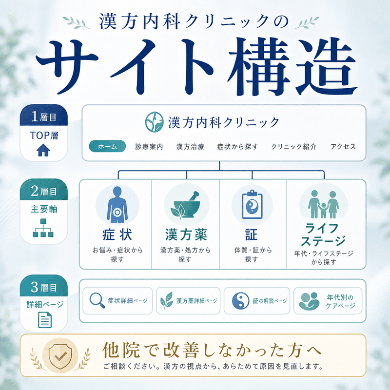 漢方内科クリニックのサイト構造を、症状・漢方薬・証・ライフステージの4軸で整理した図