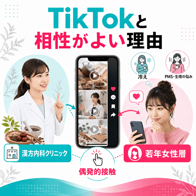 漢方内科クリニックとTikTokの相性がよい理由を、若年女性層や偶発的接触とともに示したイラスト