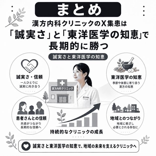 誠実な発信と東洋医学の知恵によって漢方内科クリニックが地域の信頼を得て長期的に成長する様子を示したイラスト