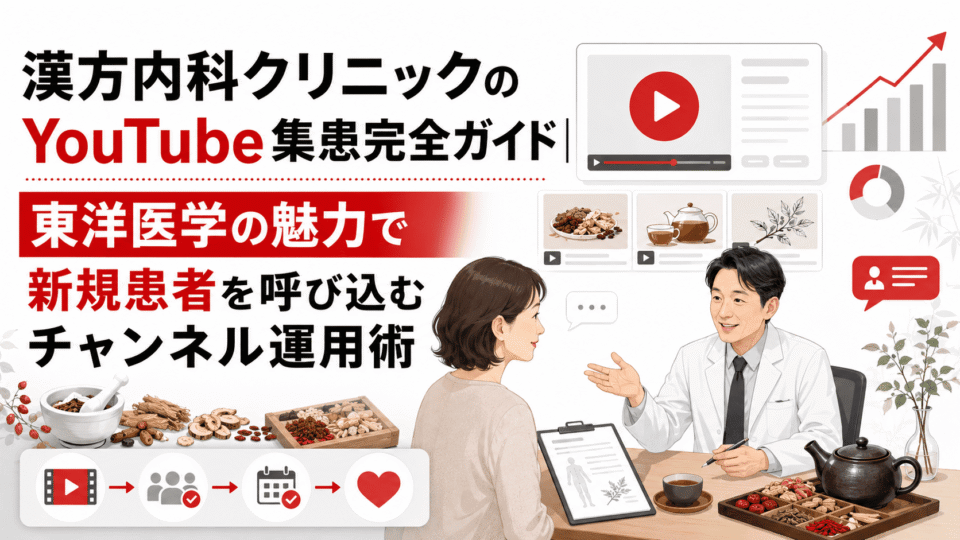 漢方内科クリニックのYouTube集患をテーマに、医師の診察風景や漢方素材、動画配信と成長導線を表したアイキャッチ画像