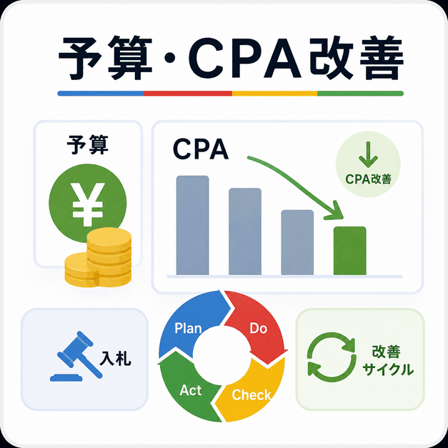 漢方内科広告の予算・入札・CPAを確認し改善サイクルを回すイメージ