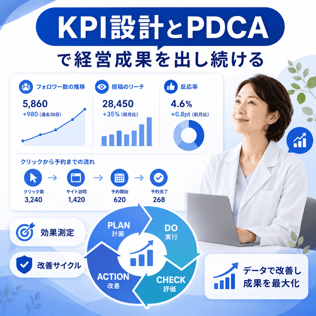 漢方内科のFacebook運用成果をKPIダッシュボードとPDCAサイクルで改善していく様子を示したイラスト