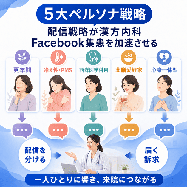 更年期、冷え性・PMS、西洋医学併用、薬膳愛好家、心身一体型の5大ペルソナ別配信戦略を示したイラスト