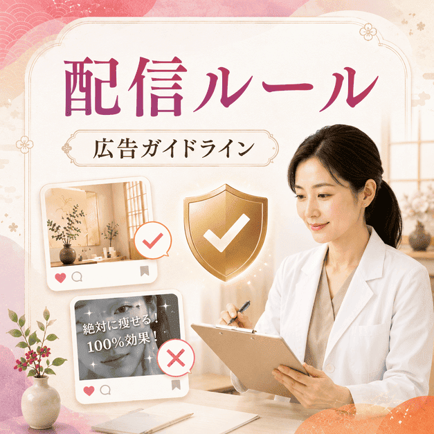 医療広告ガイドラインとInstagramポリシーを守りながら配信内容を確認する様子を表したイラスト