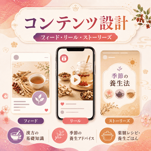 フィード、リール、ストーリーズを使い分けて漢方コンテンツを発信する様子を表したイラスト