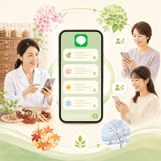 漢方内科クリニックがLINEを使って患者の体質改善と季節別養生を長期的に支援する様子