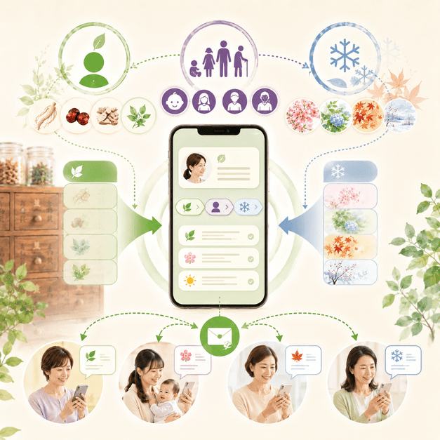 体質・ライフステージ・節気の三軸で患者を分類し、LINEで最適な情報を届ける仕組み