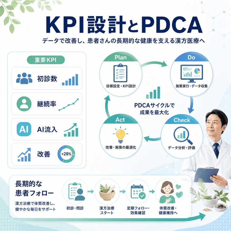 漢方内科のLLMO施策をKPI設計とPDCAサイクルで改善する流れを示したイラスト