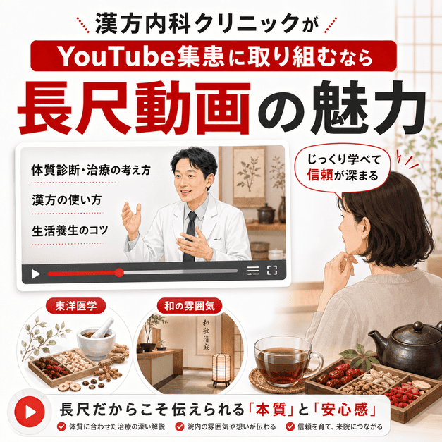 漢方内科の医師が長尺動画で東洋医学や体質診断の魅力を伝え、患者の信頼を深める様子を表したイラスト