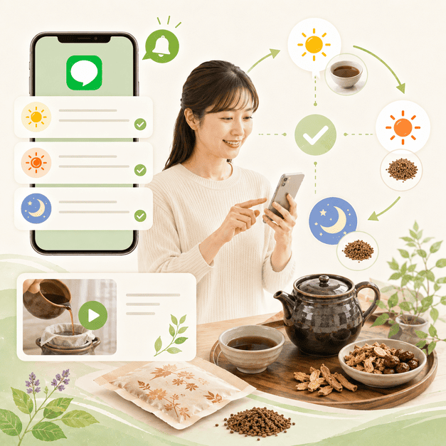 煎じ薬やエキス剤の服用リマインドをLINEで届け、患者の継続服用を支える様子