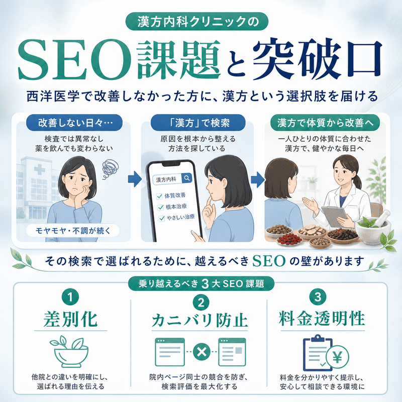 西洋医学で改善しなかった患者層に向けた、漢方内科クリニックのSEO課題と突破口を示した図