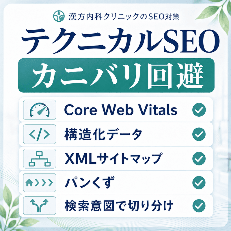 漢方内科サイトで重要なCore Web Vitals、構造化データ、サイトマップ、カニバリ回避を示した図