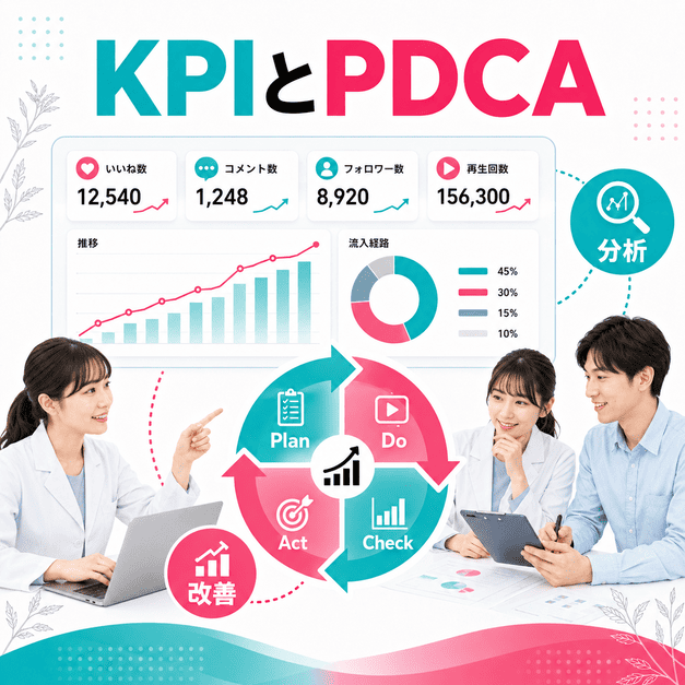 漢方内科TikTok運用のKPI分析とPDCAサイクルによる改善を示したイラスト