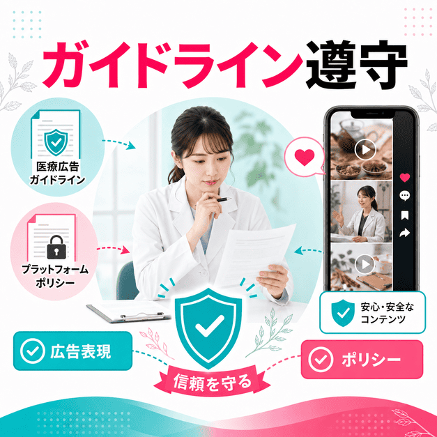 医療広告ガイドラインとTikTokポリシーを遵守し、漢方内科の信頼を守る様子を示したイラスト