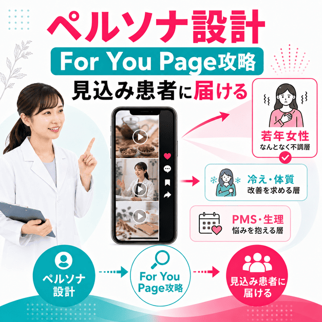 漢方内科TikTokのペルソナ設計とFor You Page攻略で見込み患者へ届ける流れを示したイラスト