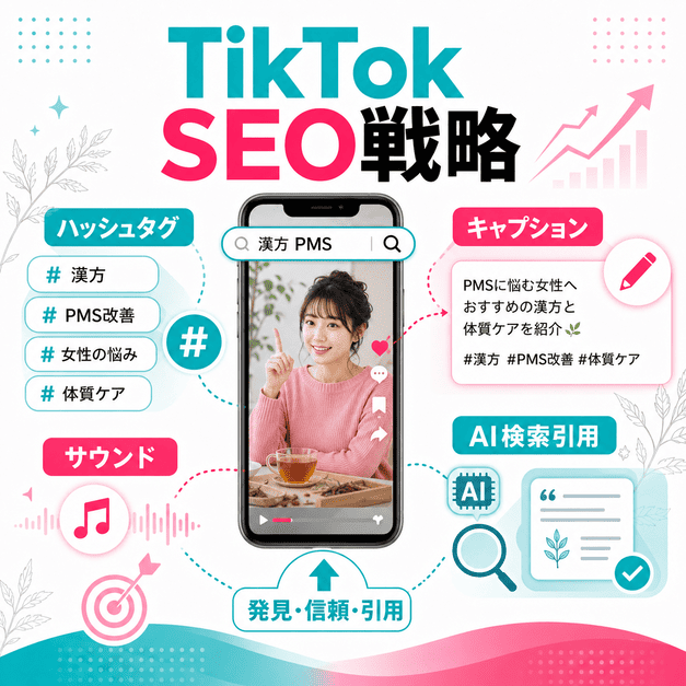 ハッシュタグ、サウンド、キャプションを活用してTikTok SEOとAI検索引用を狙う戦略を示したイラスト