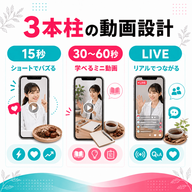 漢方内科TikTok運用における15秒動画、30〜60秒動画、LIVEの3本柱を示したイラスト
