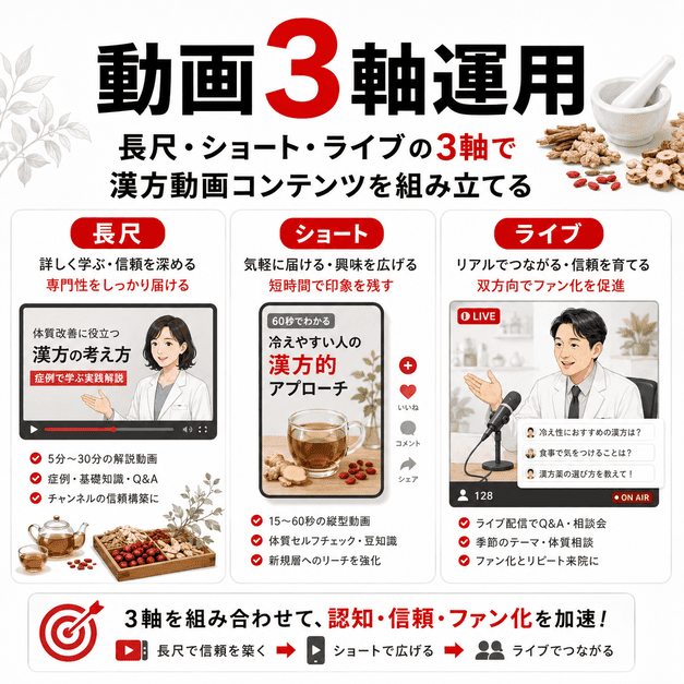 長尺動画、ショート動画、ライブ配信の3軸で漢方内科のYouTubeコンテンツを運用する流れを表したイラスト