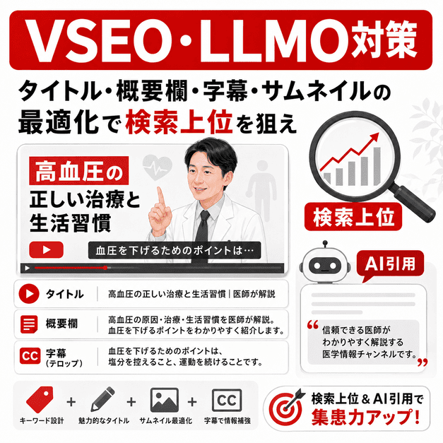 漢方内科YouTube動画のタイトル、概要欄、字幕、サムネイルを最適化し検索上位とAI引用を狙う様子を表したイラスト