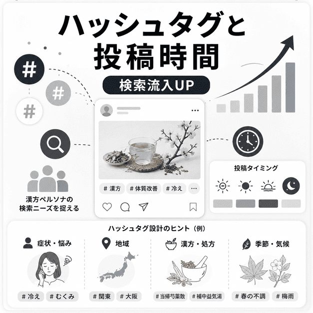 漢方内科のX投稿でハッシュタグ設計と投稿タイミングを工夫し検索流入を増やす様子を示したイラスト
