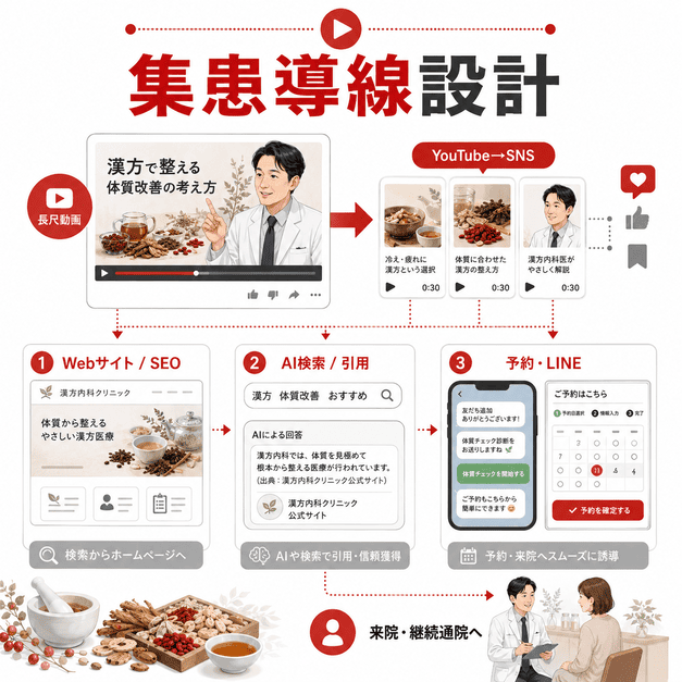 YouTube動画からSNS拡散、Webサイト、AI検索、予約やLINEへつながる漢方内科クリニックの集患導線を表したイラスト