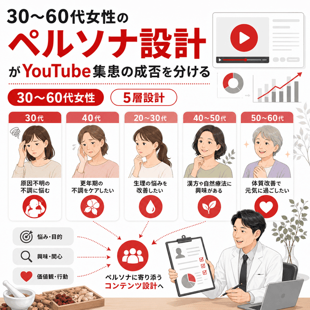 30〜60代女性を中心に、漢方内科YouTube運用で重視するペルソナ設計を複数の人物カードで表したイラスト