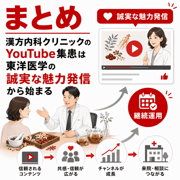 漢方内科クリニックが誠実な東洋医学の魅力発信を続け、信頼形成から来院相談につなげる流れを表したまとめ用イラスト