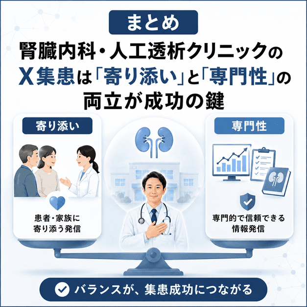 腎臓内科・人工透析クリニックのX集患で、患者や家族への寄り添いと医療専門性の両立が重要であることを示すまとめ図解