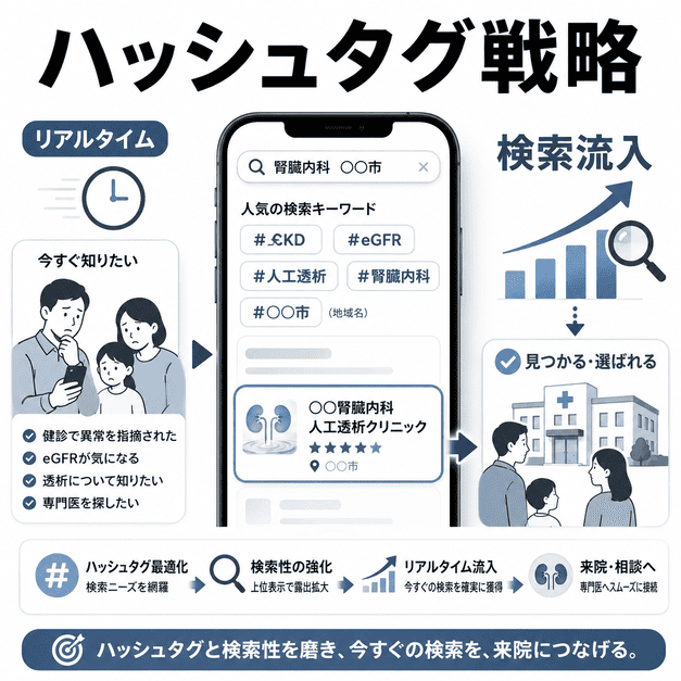 腎臓内科やCKD、eGFR、人工透析などのハッシュタグとリアルタイム検索流入から来院相談につなげる流れを示した図解