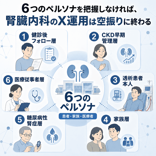 腎臓内科のX運用で想定すべき健診後フォロー層、CKD早期管理層、透析患者本人、家族層、糖尿病性腎症層、医療従事者層を示した図解