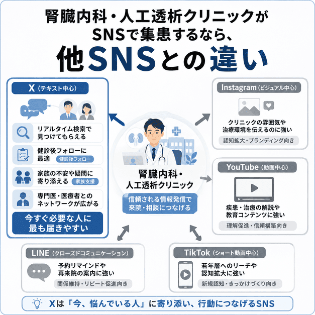 腎臓内科・人工透析クリニックがXとInstagram、YouTube、LINEなど他SNSの役割の違いを比較している図解