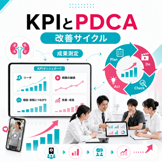 腎臓内科TikTok運用のKPIをダッシュボードで確認し、PDCAで集患成果を改善するイメージ