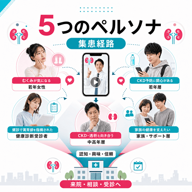腎臓内科TikTokで狙う若年女性、若年層、健診異常者、中高年層、家族支援層の5つのペルソナと受診導線