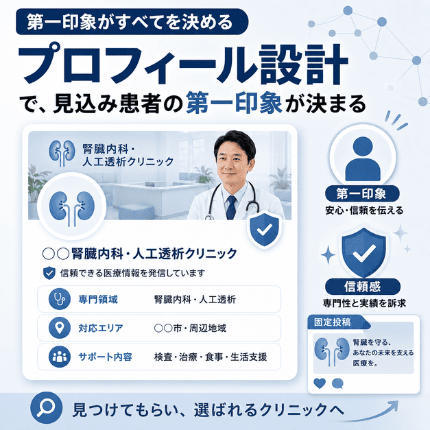 腎臓内科・人工透析クリニックのXプロフィール設計で、専門領域や対応エリア、固定ポストにより信頼感を伝える図解
