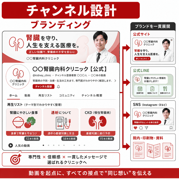 腎臓内科クリニックのYouTubeチャンネル設計と、公式サイトやLINEなどへのブランド展開を示したイラスト