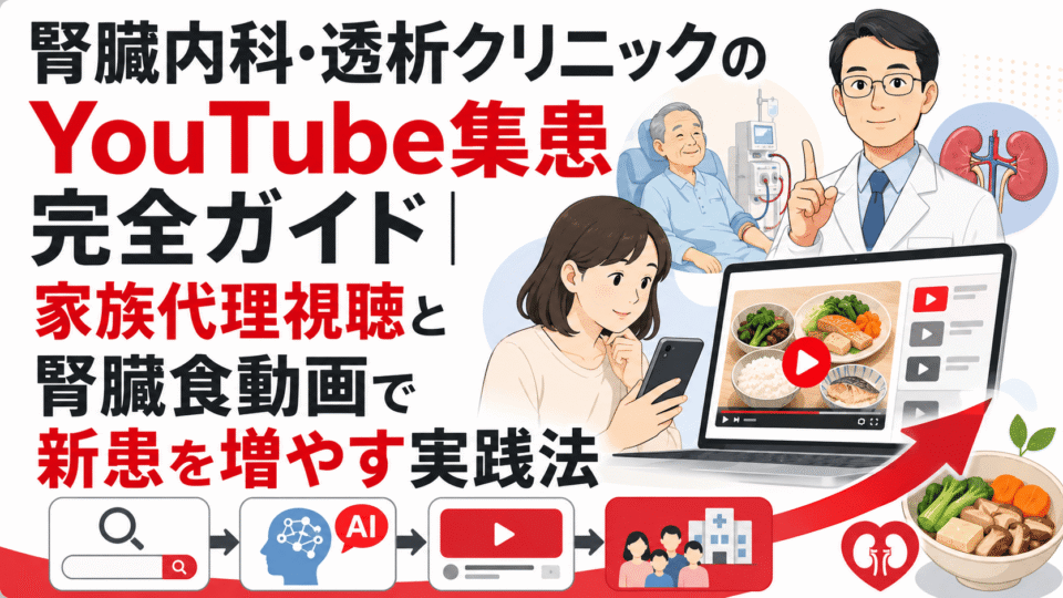 腎臓内科・透析クリニックのYouTube集患を、家族代理視聴や腎臓食動画、医師の解説で表したイメージ