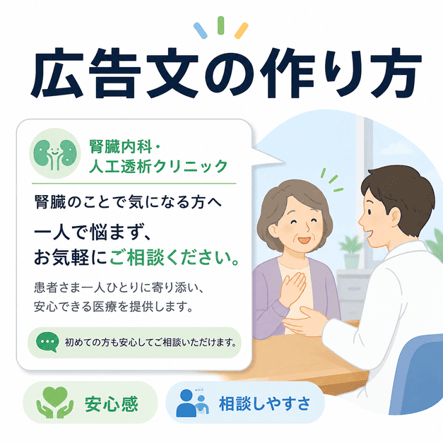 腎臓内科・人工透析クリニックの広告文で、不安を煽らず相談しやすさと安心感を伝える構成を表したイラスト