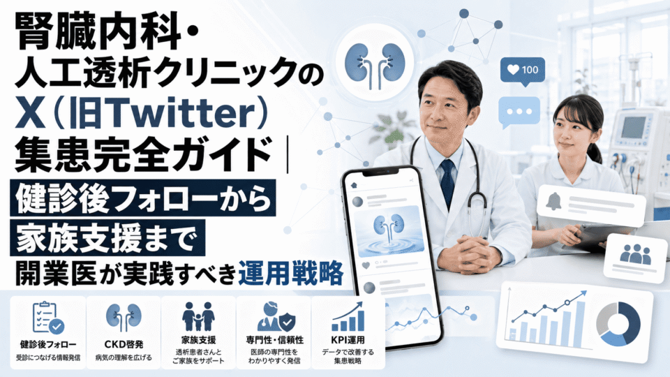 腎臓内科・人工透析クリニックのX集患戦略を、医師とスマートフォン、腎臓アイコン、分析グラフで表したアイキャッチ画像