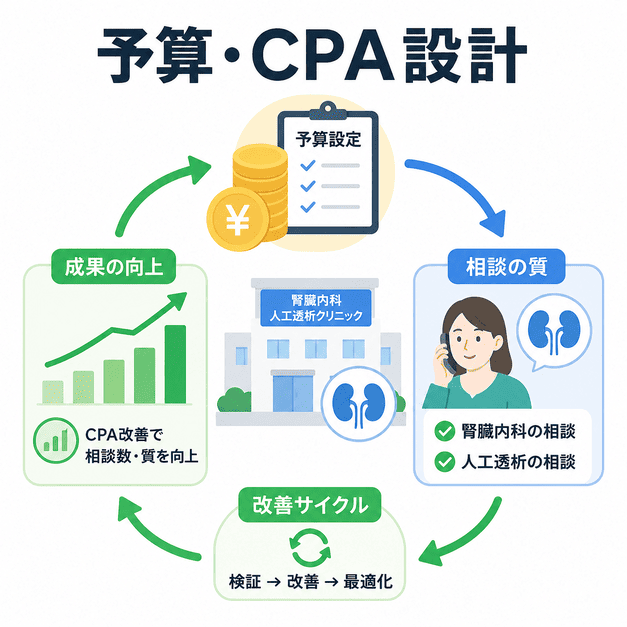腎臓内科・人工透析クリニックの広告予算、CPA設計、相談の質を改善する運用サイクルを表した図解