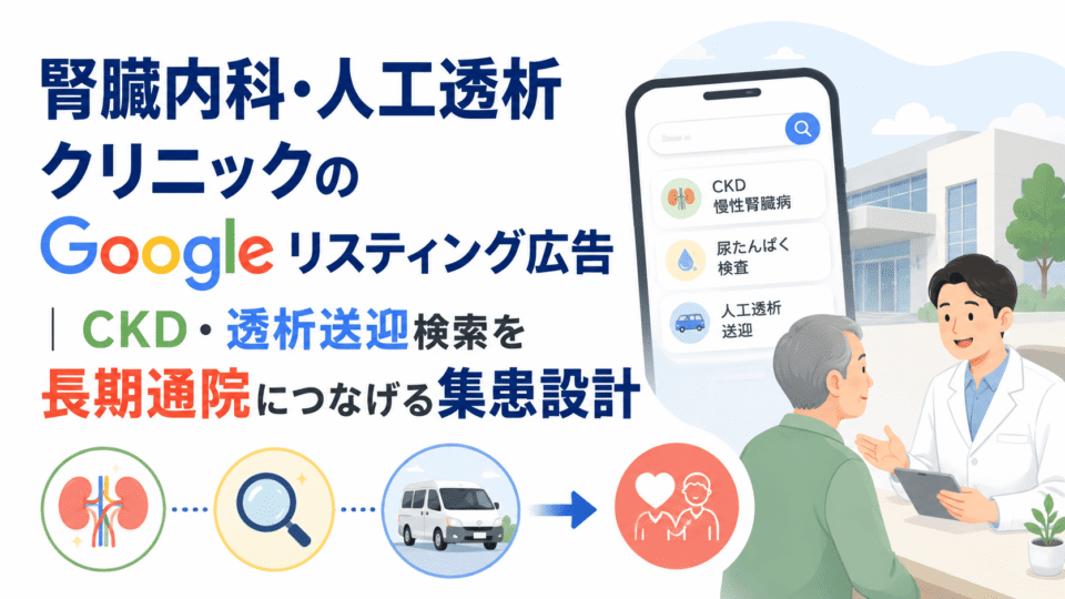 腎臓内科・人工透析クリニックのGoogleリスティング広告で、CKDや透析送迎の検索を長期通院につなげる集患設計を表したイメージ