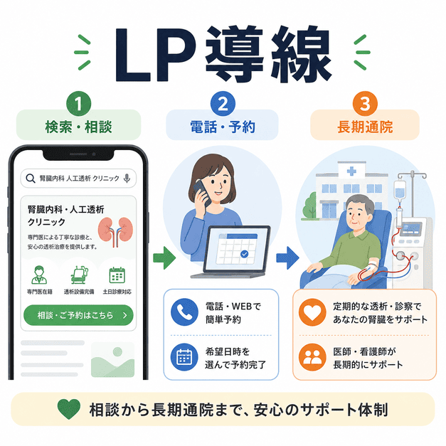 腎臓内科・人工透析クリニックのLPで、検索・相談から電話予約、長期通院へつなげる導線を示した図解