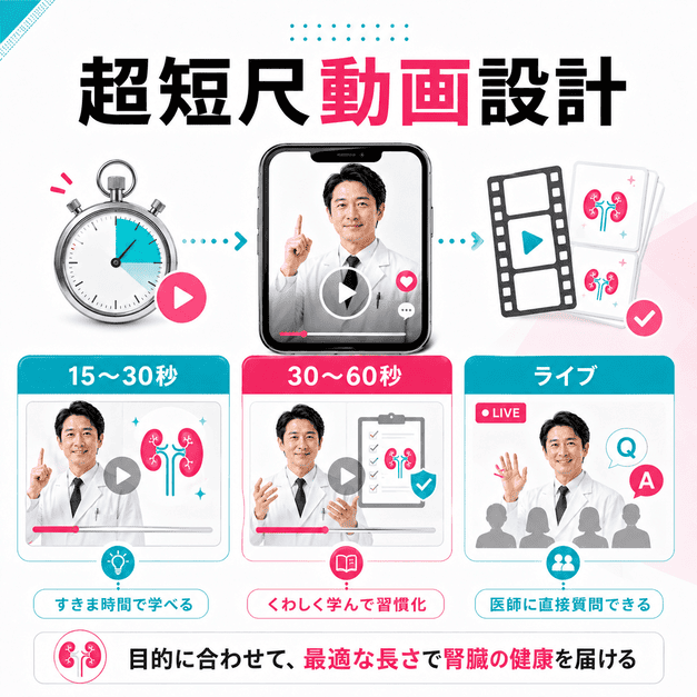 腎臓の健康情報を15秒から60秒の短尺動画やライブ配信で分かりやすく届けるコンテンツ設計のイメージ