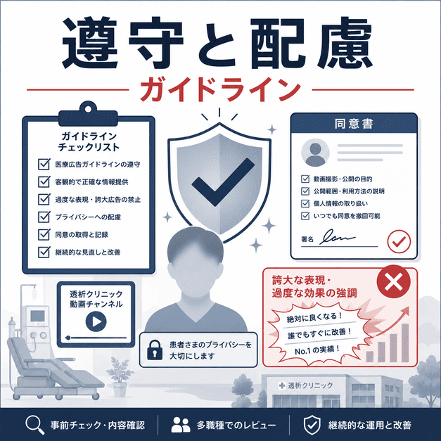 医療広告ガイドラインのチェックリスト、同意書、患者プライバシー保護を示した腎臓内科YouTube運用のイラスト