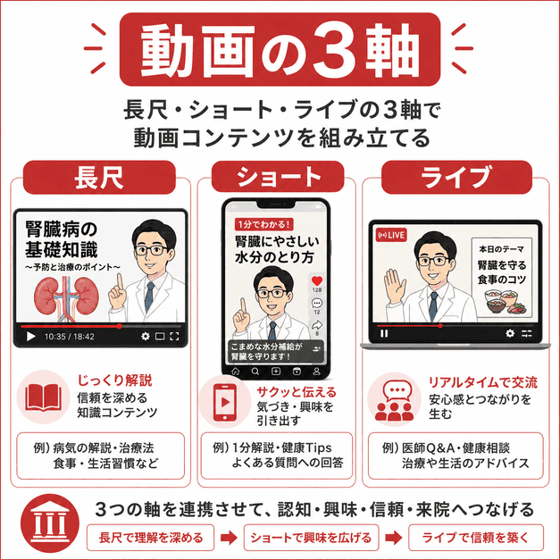 長尺動画・ショート動画・ライブ配信の3軸で腎臓内科の動画コンテンツを組み立てる様子を示したイラスト