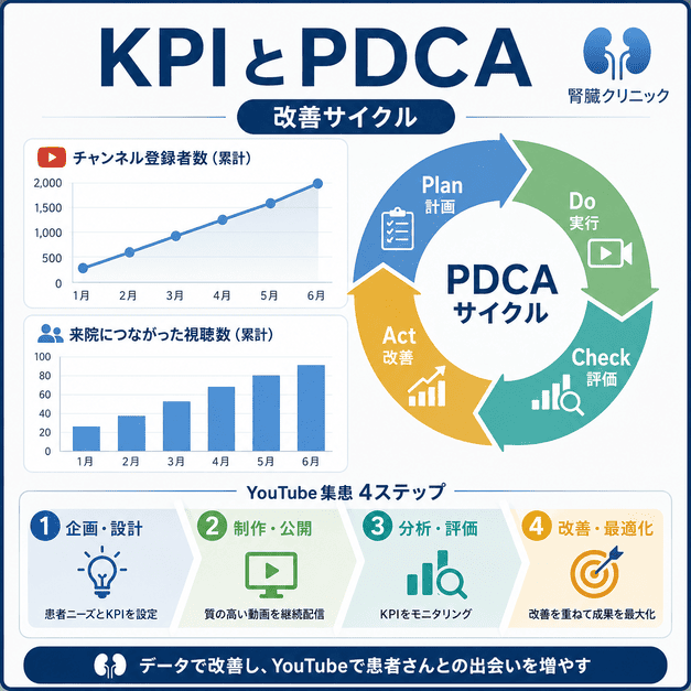 YouTube集患のKPIダッシュボードとPDCAサイクルで改善を続ける仕組みを示したイラスト
