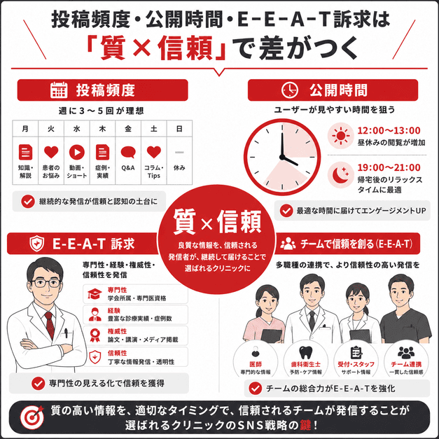 投稿頻度や公開時間、E-E-A-T訴求を通じて質と信頼を高めるYouTube運用を示したイラスト