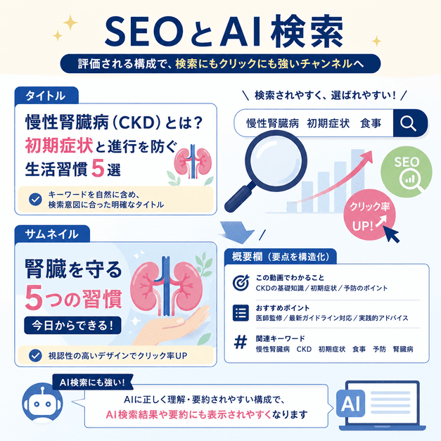 腎臓内科動画のタイトル、サムネイル、概要欄を整え、SEOとAI検索で見つかりやすくする構成を示したイラスト